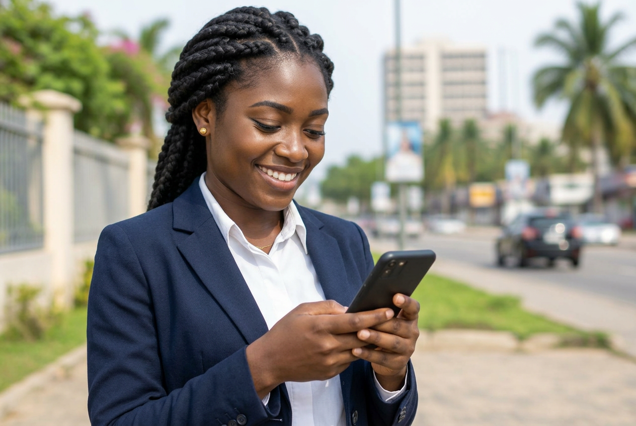 Illustrative Ghanaian professional in corporate attire with a mobile phone